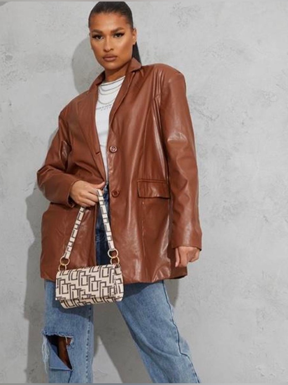 Brand New PLT Vintage Chocolate Brown 90s Leather Retro Dad Blazer Small Jacket